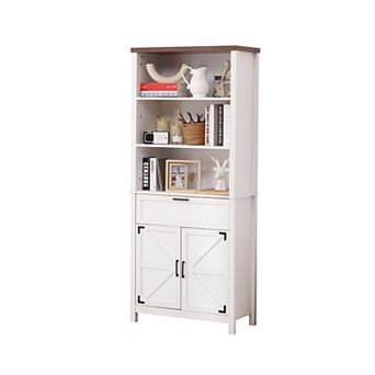 72 Inch Tall Bookshelf with Doors, 6 tier Farmhouse Bookcase, Floor Standing Bookshelf with Drawer