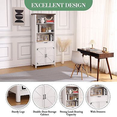72 Inch Tall Bookshelf with Doors, 6 Tier Farmhouse Bookcase, Floor Standing Bookshelf with Drawer