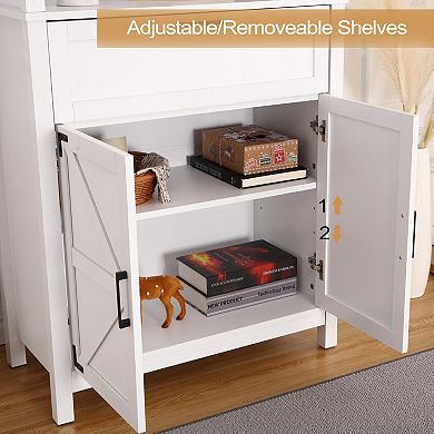72 Inch Tall Bookshelf with Doors, 6 Tier Farmhouse Bookcase, Floor Standing Bookshelf with Drawer