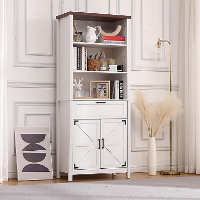 72 Inch Tall Bookshelf with Doors, 6 Tier Farmhouse Bookcase, Floor Standing Bookshelf with Drawer
