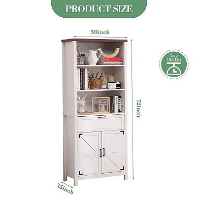 72 Inch Tall Bookshelf with Doors, 6 Tier Farmhouse Bookcase, Floor Standing Bookshelf with Drawer