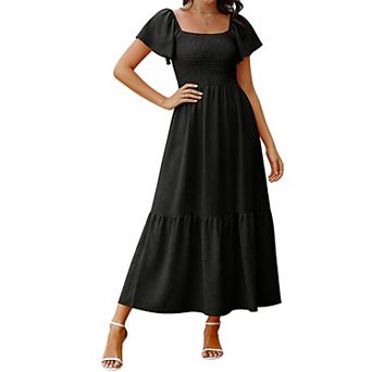 Women's Square Neck Short Sleeve Smocked Tiered Maxi Dress Casual Flowy Ruffle Dresses with Pockets