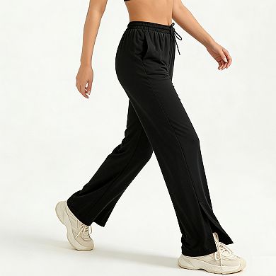 Women's Wide Leg Pants with Pockets - Elastic Waist Drawstring Side Slit Casual Yoga Pants