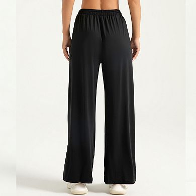 Women's Wide Leg Pants with Pockets - Elastic Waist Drawstring Side Slit Casual Yoga Pants