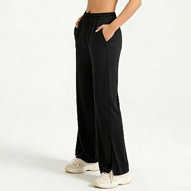 Women's Wide Leg Pants with Pockets - Elastic Waist Drawstring Side Slit Casual Yoga Pants