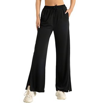 Women's Wide Leg Pants with Pockets - Elastic Waist Drawstring Side Slit Casual Yoga Pants
