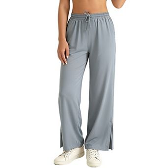 Women's Wide Leg Pants with Pockets - Elastic Waist Drawstring Side Slit Casual Yoga Pants