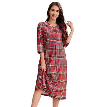 Women's Plaid V-Neck Long Nightgown, Three-Quarter Sleeve, Loose Fit Long Pajamas
