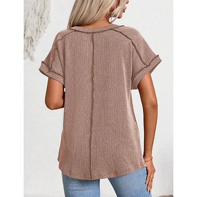 Women's Summer Short Sleeve T Shirt Casual V Neck Two-Color Ribbed Knit ...