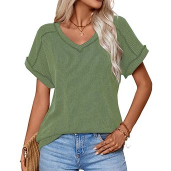 Women's Summer Short Sleeve T Shirt Casual V Neck Two-Color Ribbed Knit Tunic Tops
