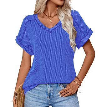Women's Summer Short Sleeve T Shirt Casual V Neck Two-Color Ribbed Knit Tunic Tops