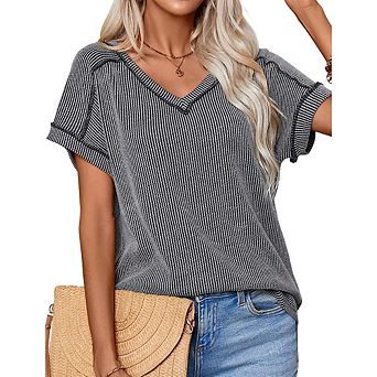 Women's Summer Short Sleeve T Shirt Casual V Neck Two-Color Ribbed Knit Tunic Tops