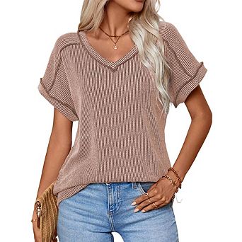 Women's Summer Short Sleeve T Shirt Casual V Neck Two-Color Ribbed Knit Tunic Tops