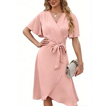 Women's Satin Wrap Dress V-Neck Flare Sleeve Belted Midi Dress for Office