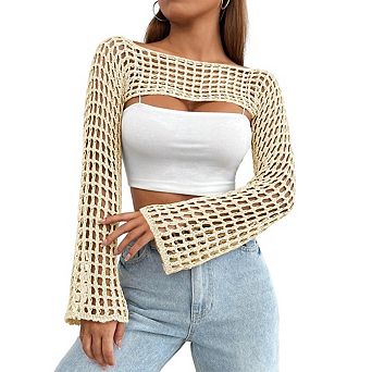 Women's Crochet Shrug Crewneck Hollow Out Bolero Shrug Cropped Knit Sweater Top