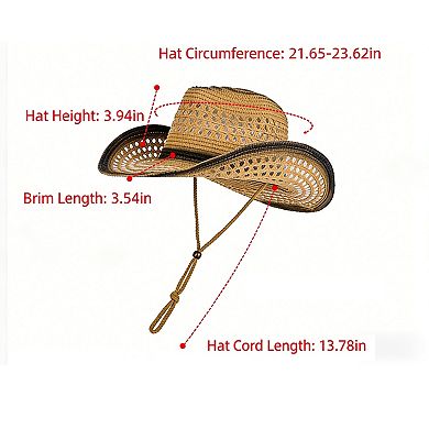Women's Wide Brim Straw Sun Hat with Adjustable Chin Strap Woven Cowboy Style Summer Beach Sun Hat
