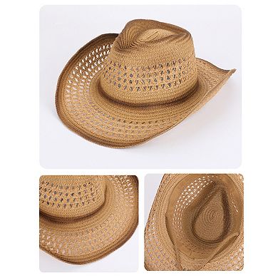 Women's Wide Brim Straw Sun Hat with Adjustable Chin Strap Woven Cowboy Style Summer Beach Sun Hat