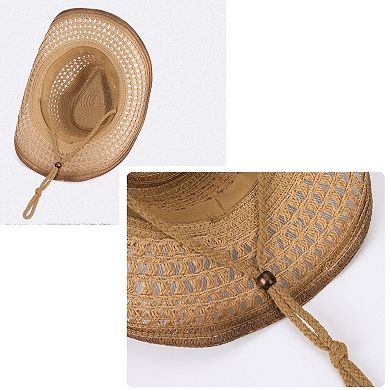 Women's Wide Brim Straw Sun Hat with Adjustable Chin Strap Woven Cowboy Style Summer Beach Sun Hat