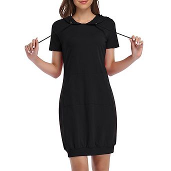 Women Short Sleeve Hoodie Dress Casual Tunic Sweatshirt Dress with Pocket and Drawstring Hood