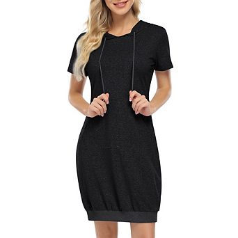 Women Short Sleeve Hoodie Dress Casual Tunic Sweatshirt Dress with Pocket and Drawstring Hood