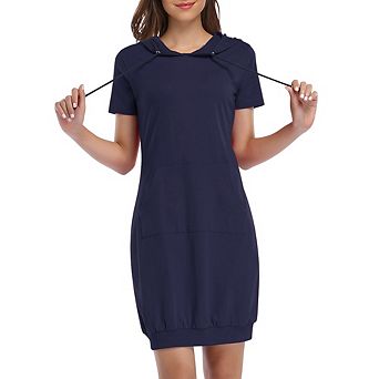 Women Short Sleeve Hoodie Dress Casual Tunic Sweatshirt Dress with Pocket and Drawstring Hood