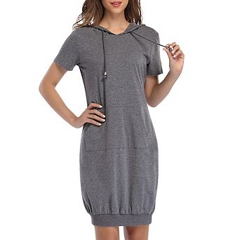 Women Short Sleeve Hoodie Dress Casual Tunic Sweatshirt Dress with Pocket and Drawstring Hood