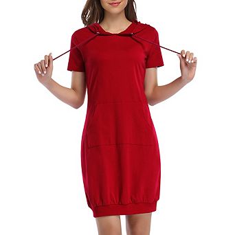 Women Short Sleeve Hoodie Dress Casual Tunic Sweatshirt Dress with Pocket and Drawstring Hood