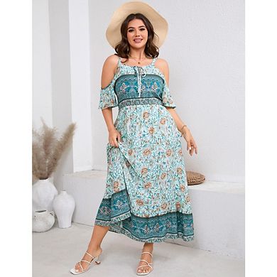 Plus Size Women's Boho Floral Off-Shoulder Dress Sleeveless Spaghetti Strap Midi Design