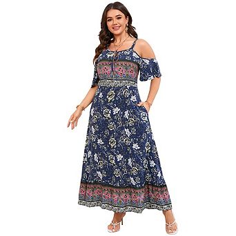 Plus Size Women's Boho Floral Off-Shoulder Dress Sleeveless Spaghetti Strap Midi Design