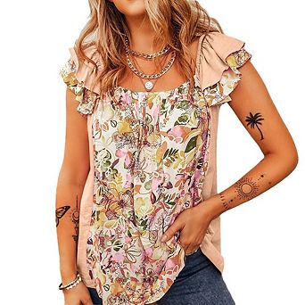 Womens Summer Floral Tops Ruffled Short Sleeve Shirts Dressy Square Neck Tank Tops