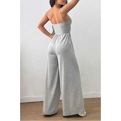Women's Ruched Halter Jumpsuit, Sleeveless Wide Leg Casual One Piece Outfit