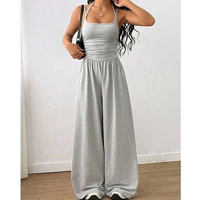 Women's Ruched Halter Jumpsuit, Sleeveless Wide Leg Casual One Piece Outfit