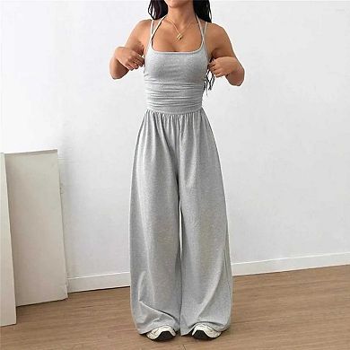 Women's Ruched Halter Jumpsuit, Sleeveless Wide Leg Casual One Piece Outfit