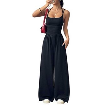 Women's Ruched Halter Jumpsuit, Sleeveless Wide Leg Casual One Piece Outfit
