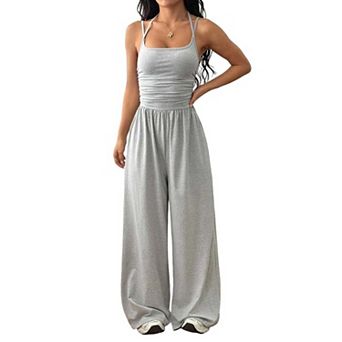 Women's Ruched Halter Jumpsuit, Sleeveless Wide Leg Casual One Piece Outfit