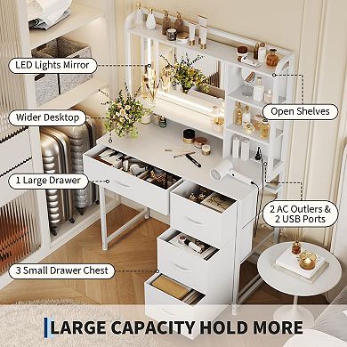 Vanity Desk with Light Mirror, Makeup Table with Drawers,Modern Dressing Table with Storage Shelves