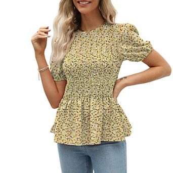 Women's Floral Smocked Boho Blouse Summer Casual Puff Short Sleeve Ruffle Top Crew Neck Flowy Shirt