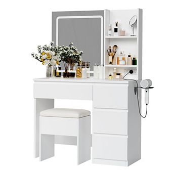 Makeup Vanity Desk with Mirror and Light, Vanity Table with Power Outlet, Stool, Hair Dryer Holder