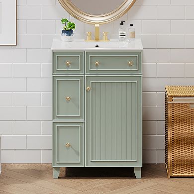 KWPZQEB Bathroom Vanity Cabinet with Ceramic Sink, 2 Drawers and Door