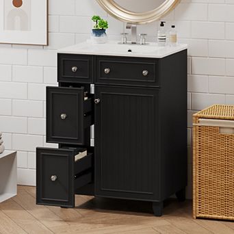 KWPZQEB Bathroom Vanity Cabinet with Ceramic Sink, 2 Drawers and Door