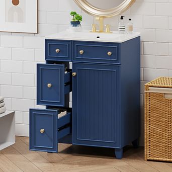 KWPZQEB Bathroom Vanity Cabinet with Ceramic Sink, 2 Drawers and Door
