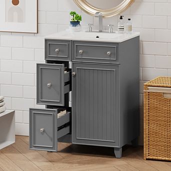 KWPZQEB Bathroom Vanity Cabinet with Ceramic Sink, 2 Drawers and Door