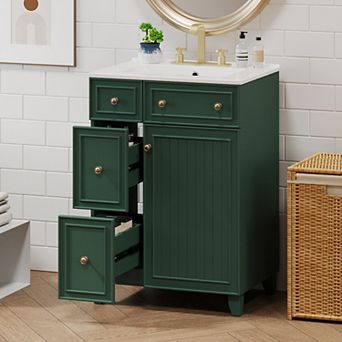 KWPZQEB Bathroom Vanity Cabinet with Ceramic Sink, 2 Drawers and Door