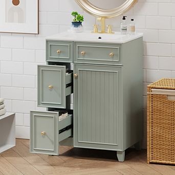 KWPZQEB Bathroom Vanity Cabinet with Ceramic Sink, 2 Drawers and Door