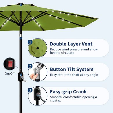 9FT Patio Umbrella with Solar Lights,Outdoor Table Umbrella with 8 Durable Ribs,Tilt,Crank Mechanism