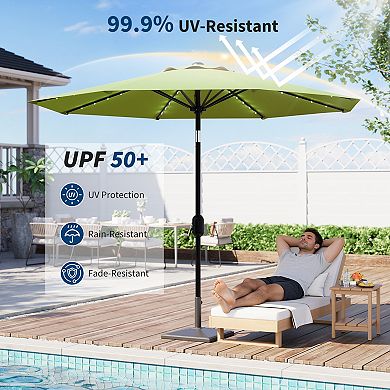 9FT Patio Umbrella with Solar Lights,Outdoor Table Umbrella with 8 Durable Ribs,Tilt,Crank Mechanism