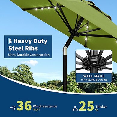 9FT Patio Umbrella with Solar Lights,Outdoor Table Umbrella with 8 Durable Ribs,Tilt,Crank Mechanism