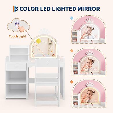 Kids Makeup Vanity Desk and Chair Set, Toddler Vanity Table with Lights and Open Storage Cabinet
