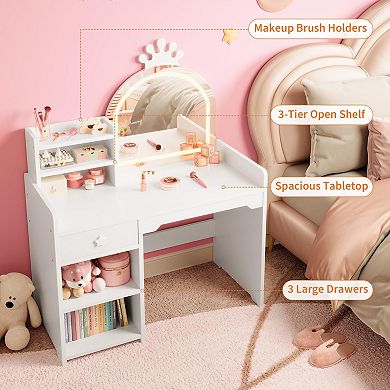 Kids Makeup Vanity Desk and Chair Set, Toddler Vanity Table with Lights and Open Storage Cabinet