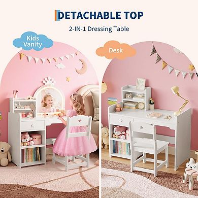 Kids Makeup Vanity Desk and Chair Set, Toddler Vanity Table with Lights and Open Storage Cabinet